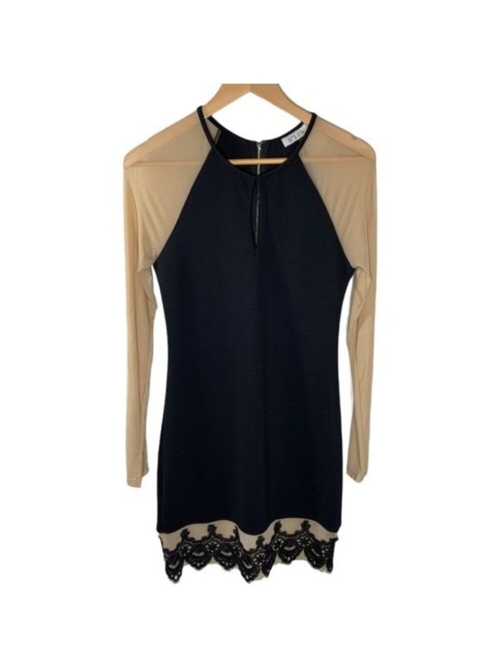 Cisa Black Sheath Dress Womens Medium Lace Hem Long Sleeve